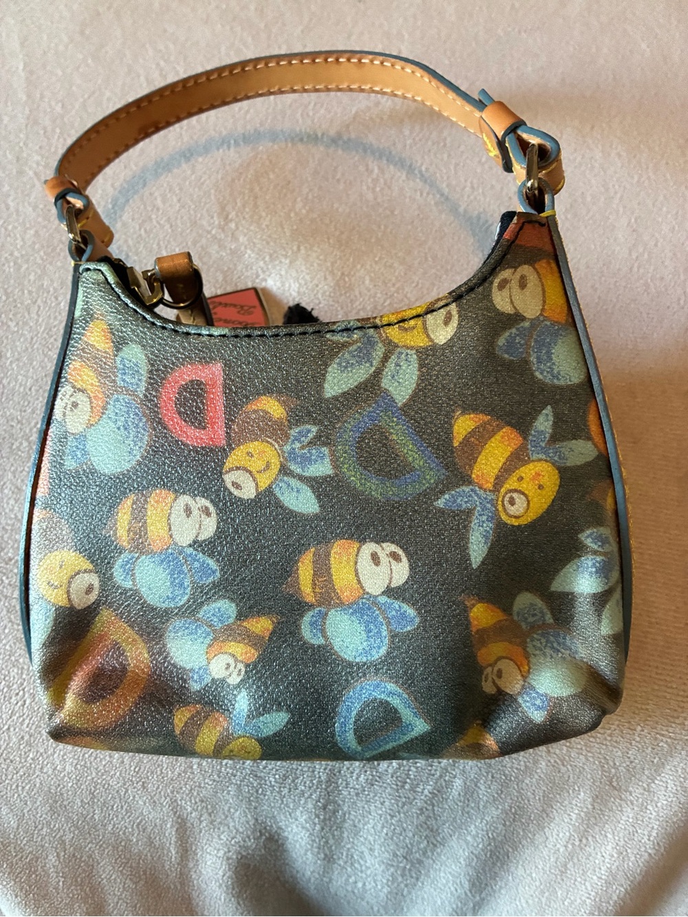 Dooney & Bourke Black Bee Print Mini Shoulder Bag with Tan Handle